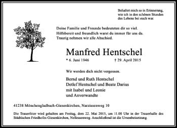 Todesanzeige von Hentschel Manfred von Rheinische Post