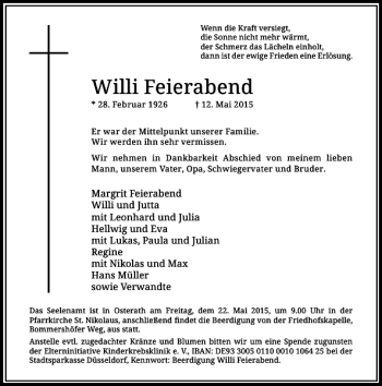 Todesanzeige von Feierabend Willi von Rheinische Post