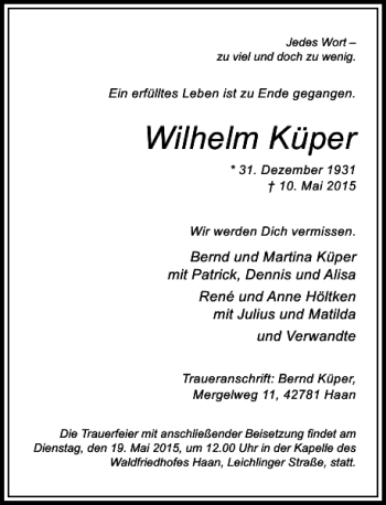Todesanzeige von Küper Wilhelm von Rheinische Post