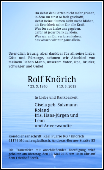 Todesanzeige von Knörich Rolf von Rheinische Post