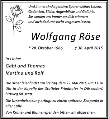 Todesanzeige von Röse Wolfgang von Rheinische Post