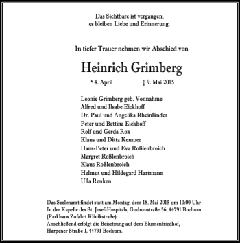 Todesanzeige von Grimberg Heinrich von Rheinische Post