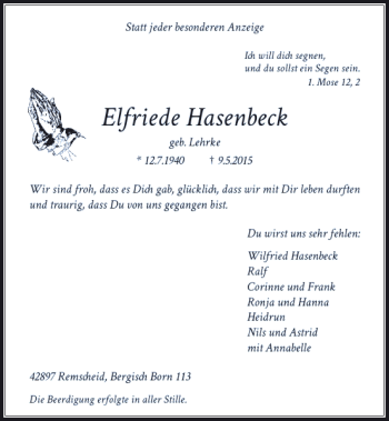 Todesanzeige von Hasenbeck Elfriede von Rheinische Post