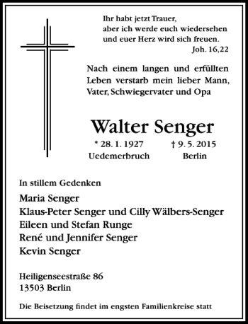 Todesanzeige von Senger Walter von Rheinische Post