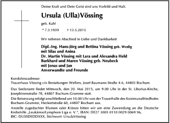 Todesanzeige von (Ulla) Vössing Ursula von Rheinische Post