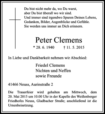 Todesanzeige von Clemens Peter von Rheinische Post