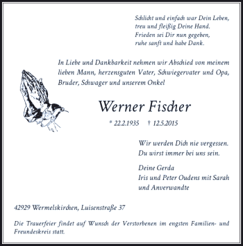 Todesanzeige von Fischer Werner von Rheinische Post