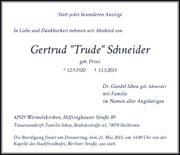 Todesanzeige von Schneider Gertrud von Rheinische Post