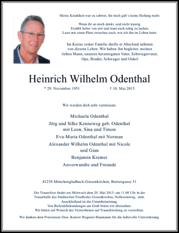 Todesanzeige von Wilhelm Odenthal Heinrich von Rheinische Post