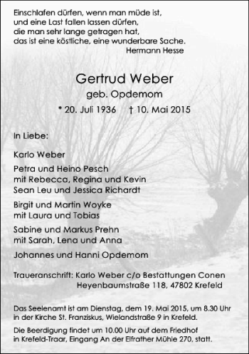 Todesanzeige von Weber Gertrud von Rheinische Post