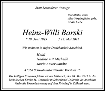 Todesanzeige von Barski Heinz-Willi von Rheinische Post
