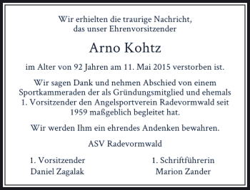 Todesanzeige von Kohtz Arno von Rheinische Post