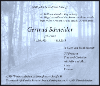 Todesanzeige von Schneider Gertrud von Rheinische Post