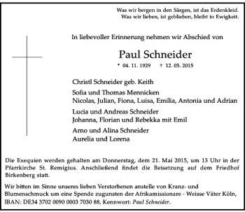 Todesanzeige von Schneider Paul von Rheinische Post
