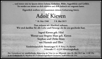 Todesanzeige von Kieven Adolf von Rheinische Post
