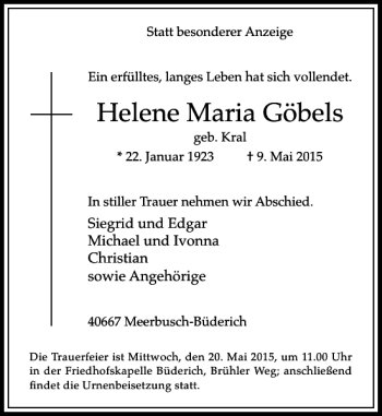 Todesanzeige von Maria Göbels Helene von Rheinische Post