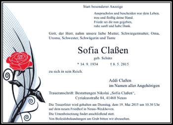 Todesanzeige von Claßen Sofia von Rheinische Post