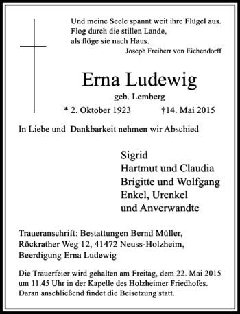 Todesanzeige von Ludewig Erna von Rheinische Post