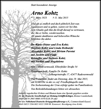 Todesanzeige von Kohtz Arno von Rheinische Post
