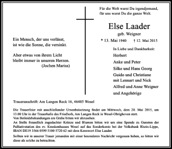 Todesanzeige von Laader Else von Rheinische Post
