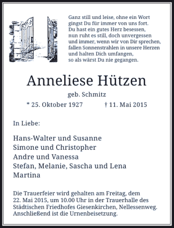 Todesanzeige von Hützen Anneliese von Rheinische Post