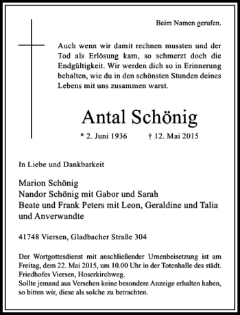 Todesanzeige von Schönig Antal von Rheinische Post