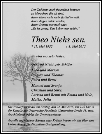 Todesanzeige von Niehs Theo von Rheinische Post