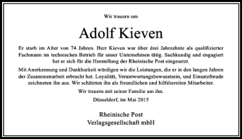 Todesanzeige von Kieven Adolf von Rheinische Post