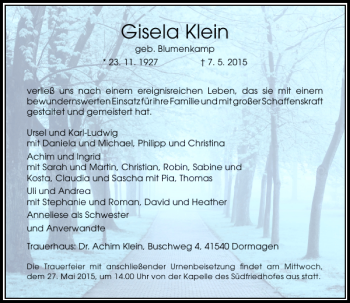 Todesanzeige von Klein Gisela von Rheinische Post