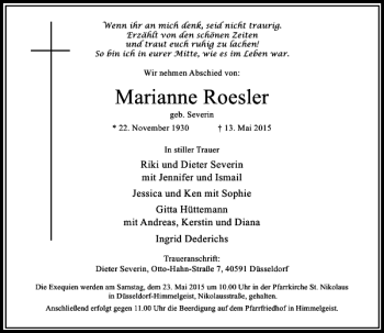 Todesanzeige von Roesler Marianne von Rheinische Post
