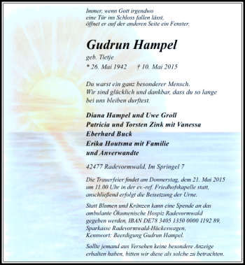 Todesanzeige von Hampel geb. Tietje Gudrun von Rheinische Post
