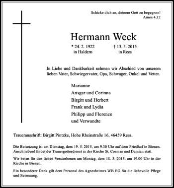 Todesanzeige von Weck Hermann von Rheinische Post