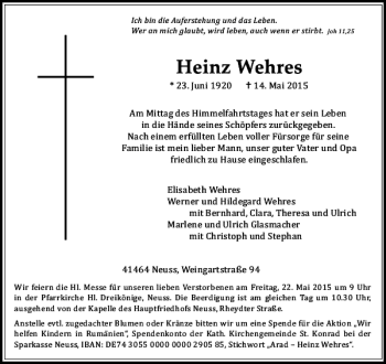 Todesanzeige von Wehres Heinrich von Rheinische Post