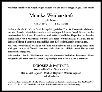 Todesanzeige von Weidenstraß Monika von Rheinische Post