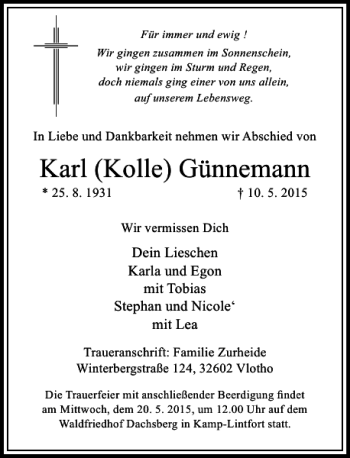 Todesanzeige von (Kolle) Günnemann Karl von Rheinische Post