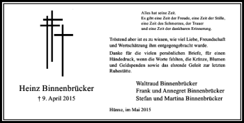 Todesanzeige von Binnenbrücker Heinz von Rheinische Post