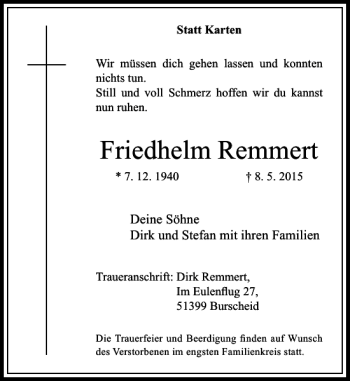 Todesanzeige von Remmert Friedhelm von Rheinische Post