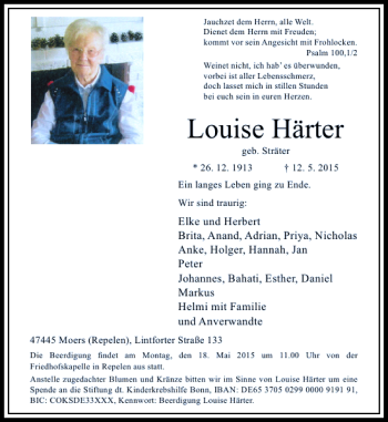 Todesanzeige von Härter Louise von Rheinische Post