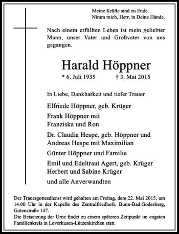 Todesanzeige von Höppner Harald von Rheinische Post