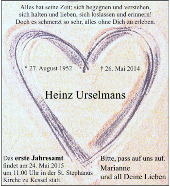 Todesanzeige von Urselmans Heinz von Rheinische Post