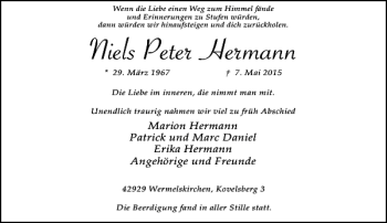 Todesanzeige von Peter Hermann Niels von Rheinische Post