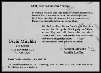 Todesanzeige von Mischke Uschi von Rheinische Post
