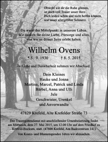 Todesanzeige von Ovens Wilhelm von Rheinische Post