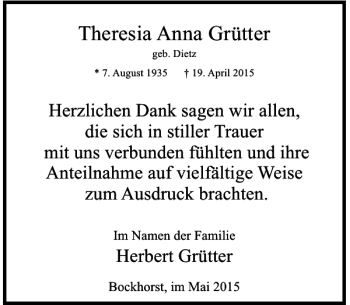 Todesanzeige von Anna Grütter Theresia von Rheinische Post