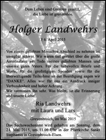 Todesanzeige von Landwehrs Holger von Rheinische Post