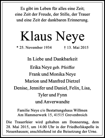 Todesanzeige von Neye Klaus von Rheinische Post