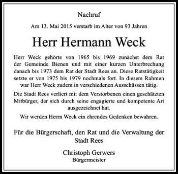 Todesanzeige von Weck Hermann von Rheinische Post