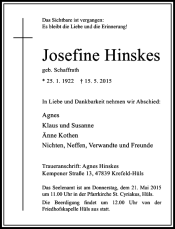 Todesanzeige von Hinskes Josefine von Rheinische Post