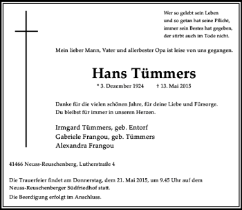 Todesanzeige von Tümmers Hans von Rheinische Post