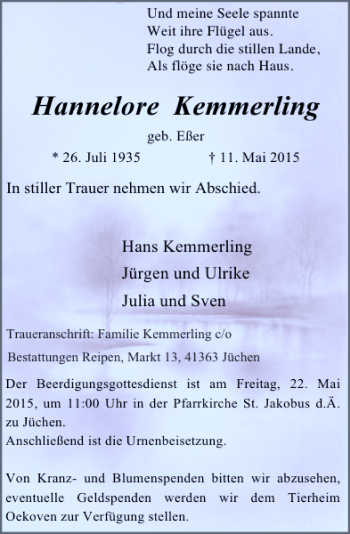 Todesanzeige von Kemmerling Hannelore von Rheinische Post